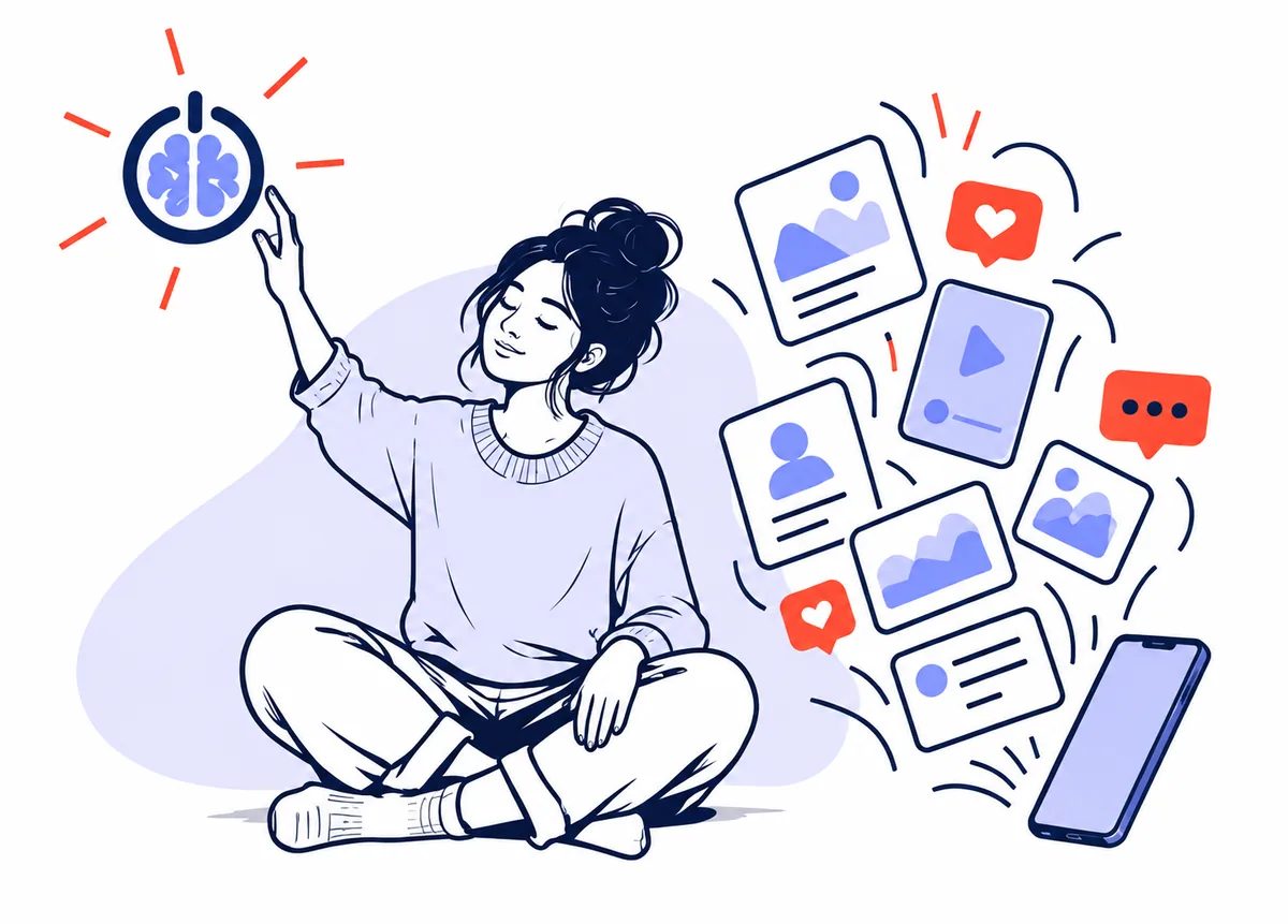 Illustration of a girl reaching toward a brain power symbol amid digital icons.